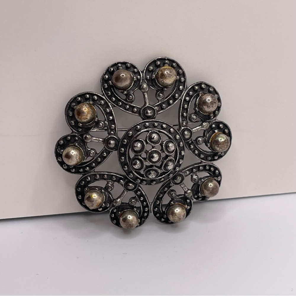 VTG Florenza Victorian Revival Ornate Gunmetal Gothic Pin Brooch 1960s Rare